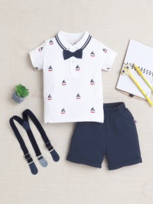 BUMZEE White & Navy Boys Half Sleeves T-shirt & Short Set With Bow Suspender