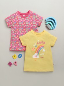 BUMZEE Pink & Yellow Girls Half Sleeves Cotton T-Shirts Pack Of 2