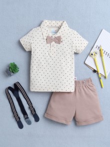 BUMZEE Beige & Brown Boys Half Sleeves T-shirt & Short Set With Bow Suspender