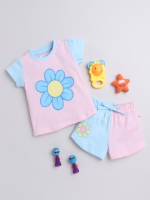 BUMZEE Sky Blue & Pink Girls Cap Sleeves T-Shirt & Short Set