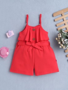 BUMZEE Red Girls Sleeveless Cotton Jumpsuit With Belt