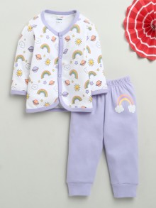 BUMZEE White & Lavender Baby Girls Full Sleeves Jabla & Pyjama Set