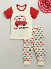 BUMZEE Cream Boys Half Sleeves Cotton T-Shirt & Pyjama Set