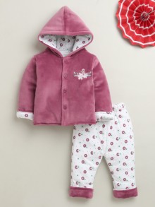 BUMZEE Mauve & White Girls Full Sleeves Cotton Blend Winter Wear Set