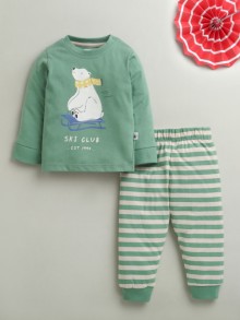 BUMZEE Beige & Green Boys Full Sleeves Cotton T-Shirt & Pyjama Set