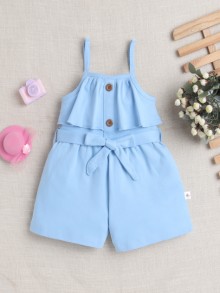BUMZEE Sky Blue Girls Sleeveless Cotton Jumpsuit With Belt