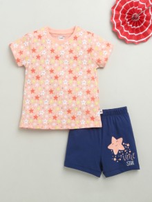 BUMZEE Peach & Navy Girls Half Sleeves T-Shirt & Short Set