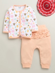 BUMZEE Peach & White Baby Girls Full Sleeves Jabla & Pyjama Set