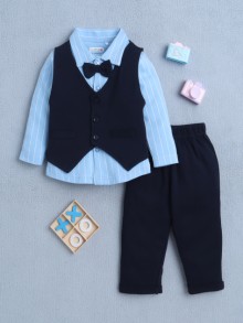 BUMZEE Sky Blue & Navy Boys Full Sleeves Shirt Waistcoat & Pant Set With Applique Bow