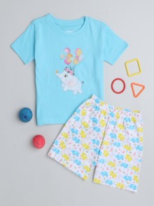 BUMZEE Sky Blue & White Girls Half Sleeves T-Shirt & Short Set