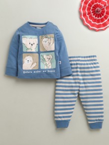 BUMZEE Blue & Beige Boys Full Sleeves Cotton T-Shirt & Pyjama Set