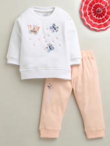 BUMZEE White & Peach Girls Full Sleeves Cotton Blend Winter Set
