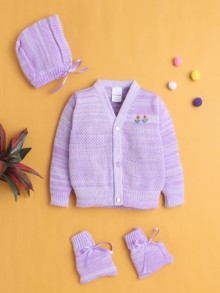 BUMZEE Lavender Baby Girls Full Sleeves Acrylic Blend Sweater With Cap & Socks