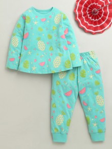 BUMZEE Turquoise Girls Full Sleeves Cotton T-Shirt & Pyjama Set