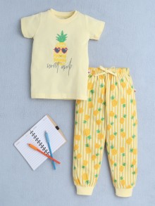 BUMZEE Yellow Girls Half Sleeves T-Shirt & Pyjama Set