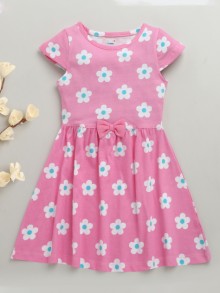 BUMZEE Pink Girls Cap Sleeves Cotton Knee Length Frock