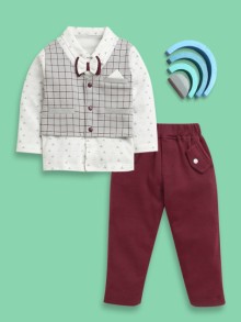 BUMZEE Maroon & White Boys Full Sleeves Cotton Formal Set With Attached Waistcoat