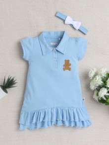 BUMZEE Sky Blue Girls Cap Sleeves Cotton Frock With Headband