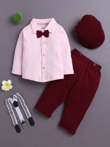BUMZEE Maroon & Pink Boys Full Sleeves Shirt Pant Set With Suspender & Cap