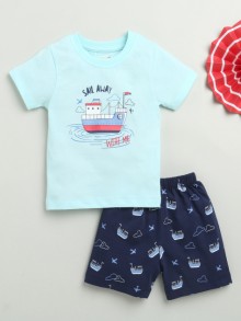 BUMZEE Sky Blue & Navy Boys Half Sleeves T-Shirt & Short Set