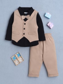 BUMZEE Black & Beige Boys Full Sleeves Shirt Waistcoat & Pant Set With Applique Bow