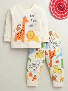 BUMZEE Beige Boys Full Sleeves Cotton T-Shirt & Pyjama Set