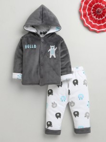 BUMZEE Grey & White Boys Full Sleeves Cotton Blend Winter Wear Set
