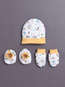 BUMZEE White & Yellow Girls Cotton Cap Mitten Bootie Set