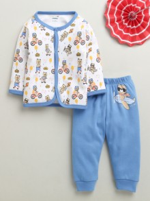 BUMZEE Blue & White Baby Boys Full Sleeves Jabla & Pyjama Set