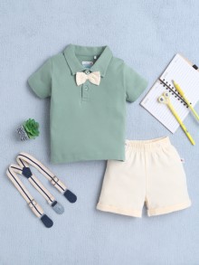 BUMZEE Green & Beige Boys Half Sleeves T-shirt & Short Set With Bow Suspender