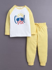 BUMZEE Yellow & White Boys Full Sleeves Cotton T-Shirt & Pyjama Set