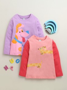 BUMZEE Pink & Lavender Girls Full Sleeves Cotton T-Shirts Pack Of 2