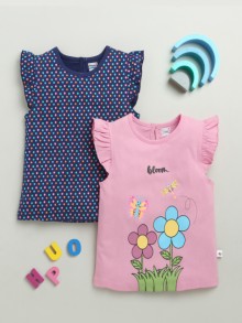 BUMZEE Navy & Pink Girls Cap Sleeves Cotton T-Shirts Pack Of 2