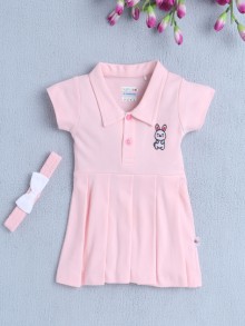 BUMZEE Baby Pink Girls Half Sleeves Cotton Frock With Headband