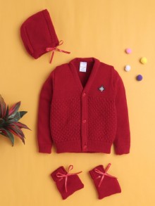 BUMZEE Maroon Baby Boys Full Sleeves Acrylic Blend Sweater With Cap & Socks