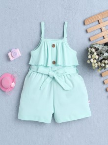 BUMZEE Mint Green Girls Sleeveless Cotton Jumpsuit With Belt