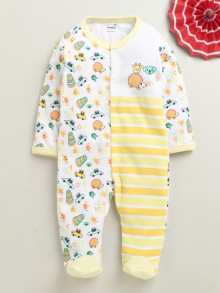 BUMZEE White & Yellow Baby Boys Full Sleeves Cotton Sleepsuit