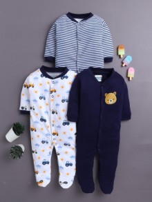 BUMZEE Navy & White Baby Boys Full Sleeves Sleepsuit Pack Of 3