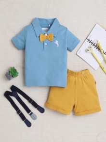 BUMZEE Blue & Mustard Boys Half Sleeves T-shirt & Short Set With Bow Suspender
