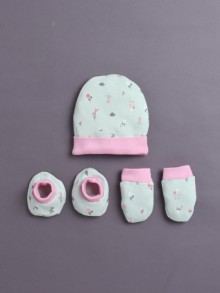 BUMZEE Green & Pink Girls Cotton Cap Mitten Bootie Set