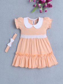 BUMZEE Pink Girls Half Sleeves Cotton Frock With Headband