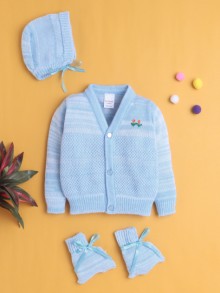 BUMZEE Sky Blue Baby Boys Full Sleeves Acrylic Blend Sweater With Cap & Socks