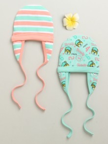 BUMZEE Mint Green & Multi Boys Cotton Pack Of 2 Cap With Ear Flap
