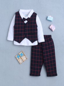 BUMZEE White & Navy Boys Full Sleeves Shirt Waistcoat & Pant Set With Applique Bow