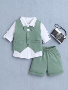 BUMZEE White & Green Boys Full Sleeves Shirt Waistcoat & Short Set With Applique Bow
