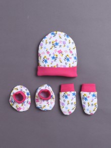 BUMZEE White & Pink Girls Cotton Cap Mitten Bootie Set