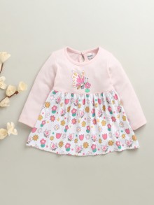 BUMZEE Pink & White Girls Full Sleeves Cotton Knee Length Frock