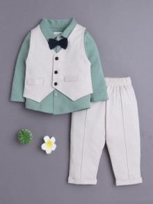 BUMZEE Beige & Green Boys Full Sleeves Shirt Waistcoat & Pant Set With Applique Bow
