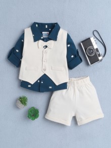 BUMZEE Teal & Beige Boys Full Sleeves Shirt Waistcoat & Short Set With Applique Bow