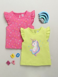 BUMZEE Pink & Lime Green Girls Cap Sleeves Cotton T-Shirts Pack Of 2